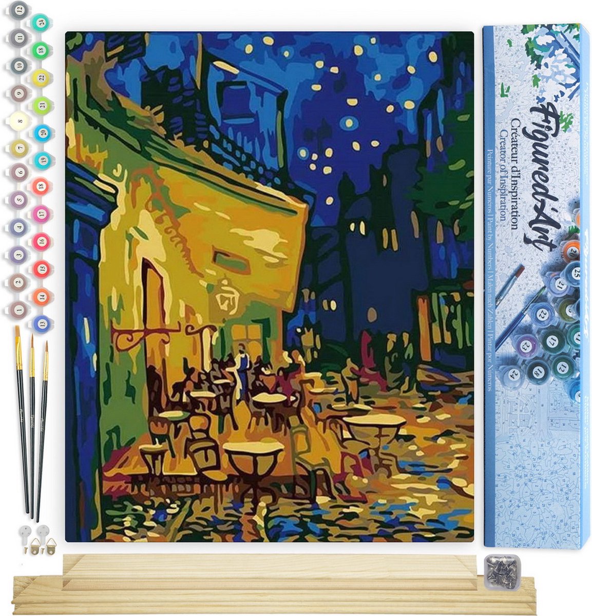 FiguredArt Schilderen op Nummer Volwassenen canvas Van Gogh Café Terras bij Nacht - Handwerk acrylverf Kit DIY Compleet - 40x50cm met DIY houten lijst